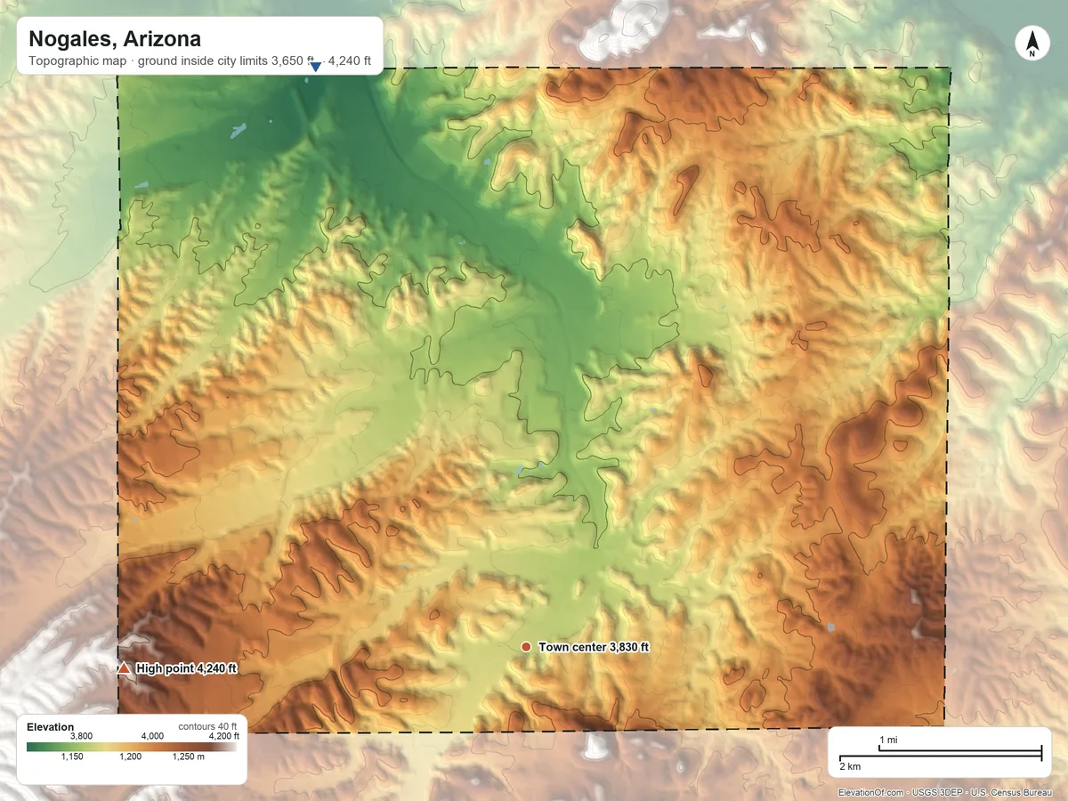 Topographic elevation map of Nogales, Arizona, shaded from 3,650 ft on the north side to 4,240 ft on the west side
