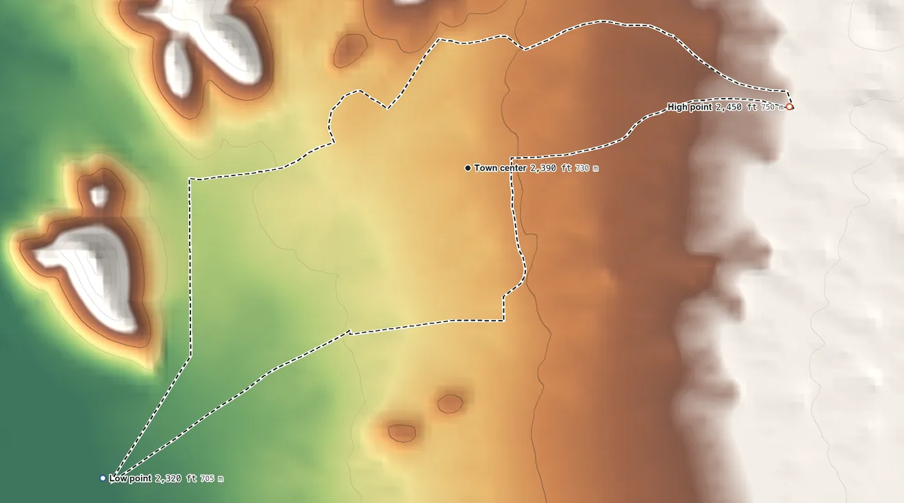 Topographic elevation map of Nolic, Arizona, shaded from 2,320 ft on the southwest side to 2,450 ft at the foot of the Ko Vaya Hills