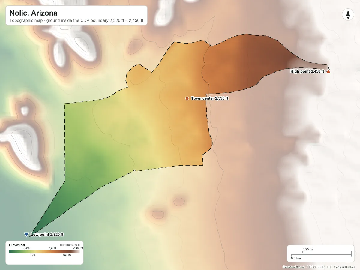 Topographic elevation map of Nolic, Arizona, shaded from 2,320 ft on the southwest side to 2,450 ft at the foot of the Ko Vaya Hills