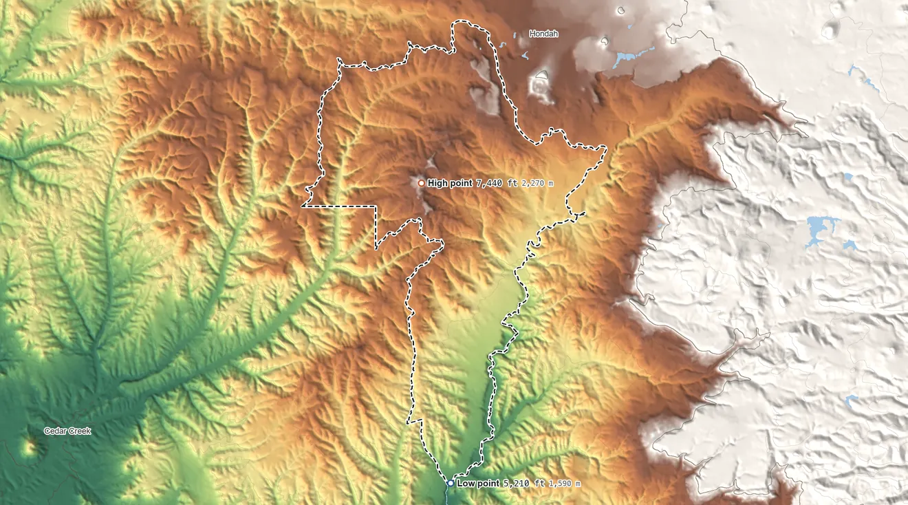 Topographic elevation map of North Fork, Arizona, shaded from 5,210 ft on the south side to 7,440 ft on Deer Spring Mountain