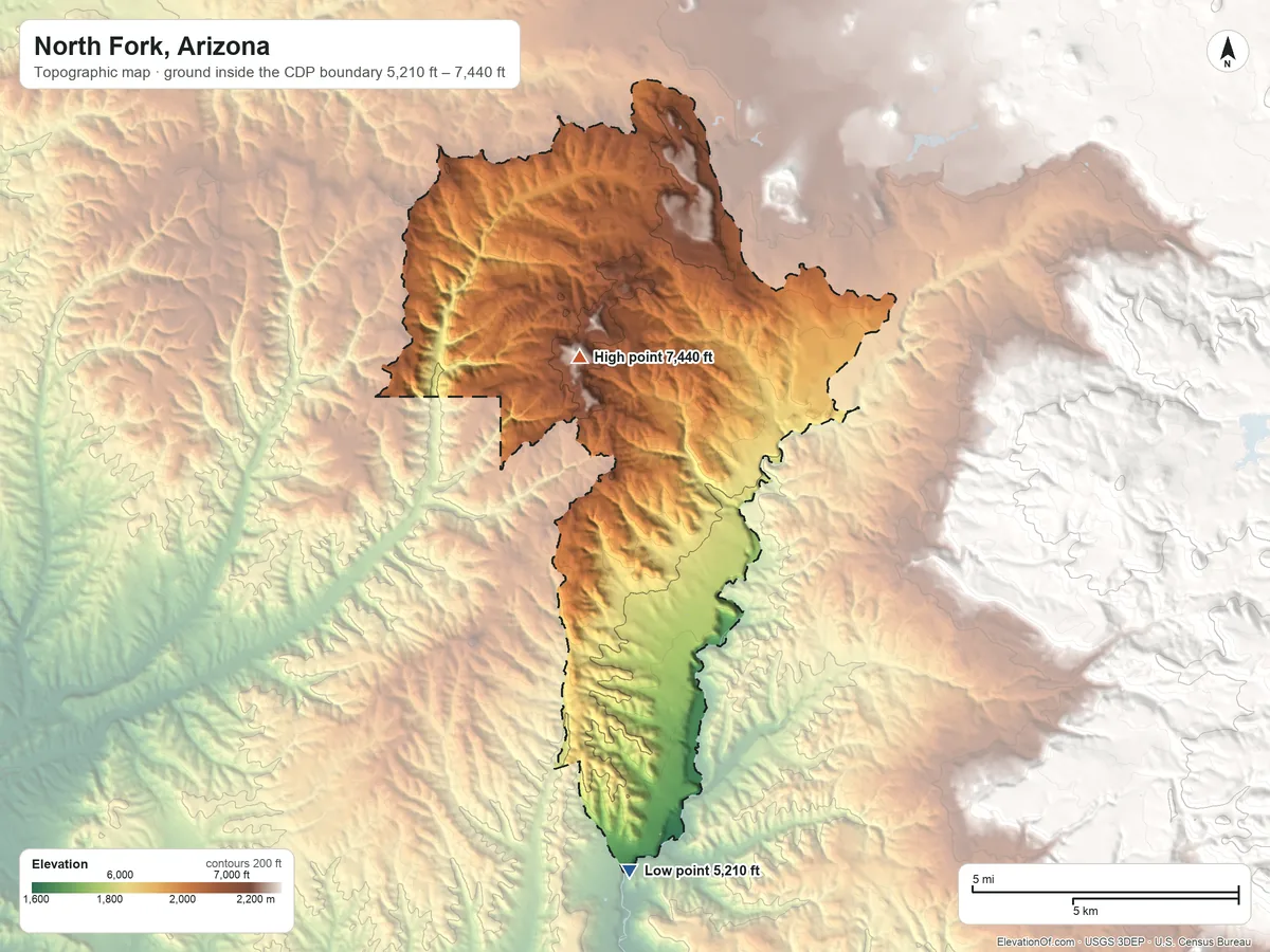Topographic elevation map of North Fork, Arizona, shaded from 5,210 ft on the south side to 7,440 ft on Deer Spring Mountain