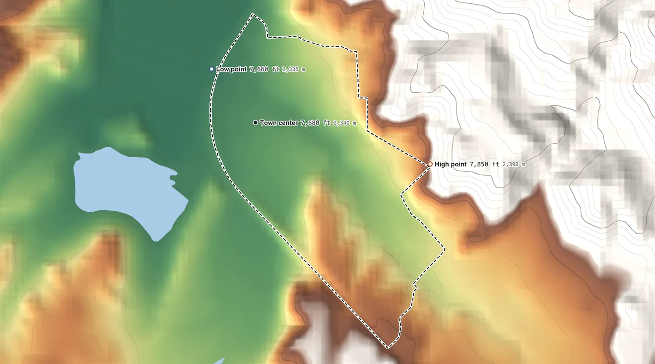 Topographic elevation map of Nutrioso, Arizona, shaded from 7,660 ft on the northwest side to 7,850 ft on the east edge, below higher ground just outside