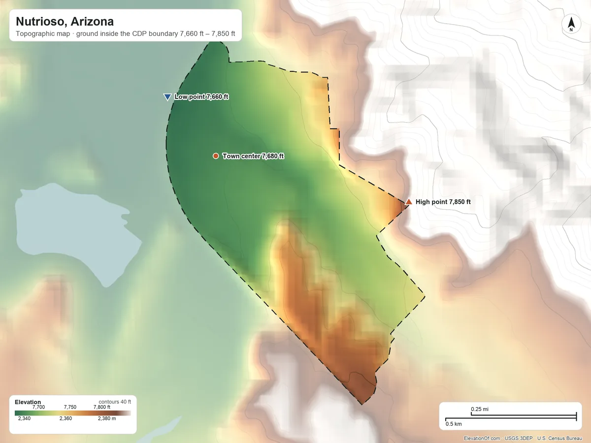 Topographic elevation map of Nutrioso, Arizona, shaded from 7,660 ft on the northwest side to 7,850 ft on the east edge, below higher ground just outside