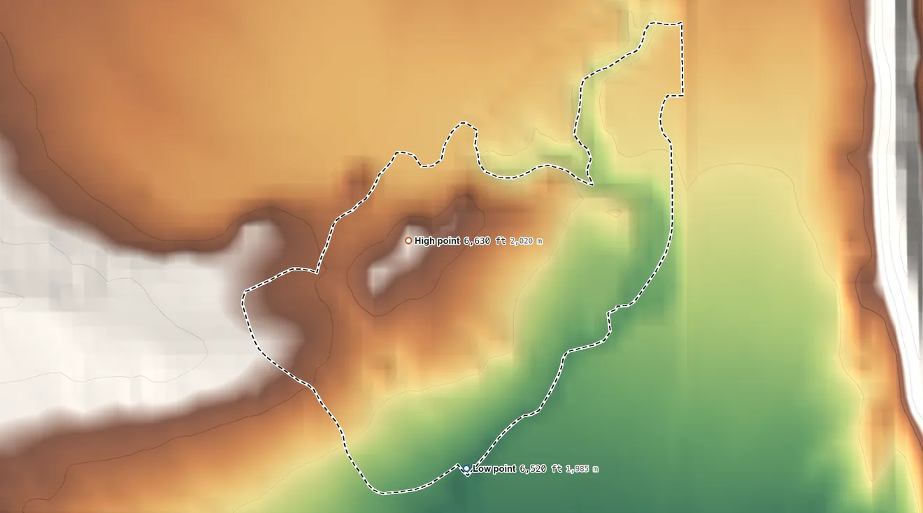 Topographic elevation map of Oak Springs, Arizona, shaded from 6,520 ft on the south side to 6,630 ft on the north edge, below higher ground just outside