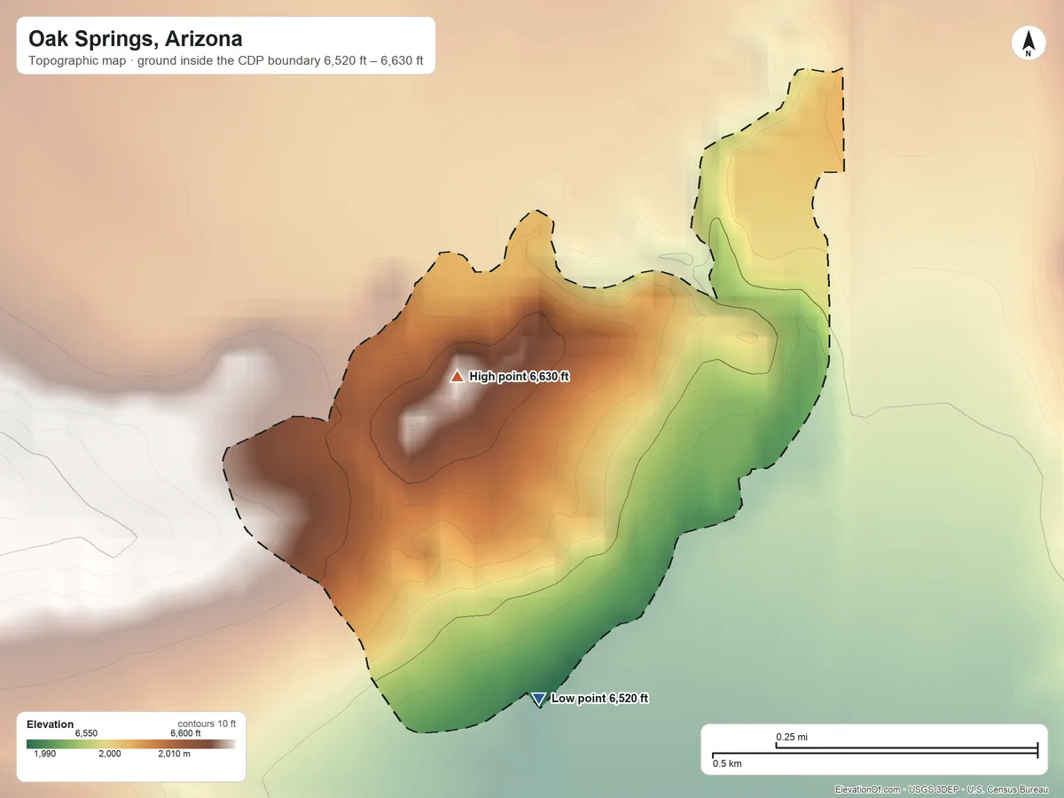 Topographic elevation map of Oak Springs, Arizona, shaded from 6,520 ft on the south side to 6,630 ft on the north edge, below higher ground just outside