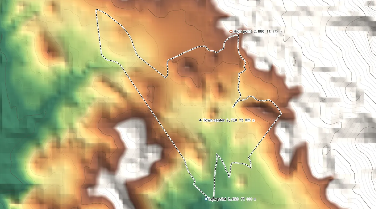 Topographic elevation map of Oatman, Arizona, shaded from 2,620 ft on the south side to 2,880 ft at the foot of the Ute Mountains
