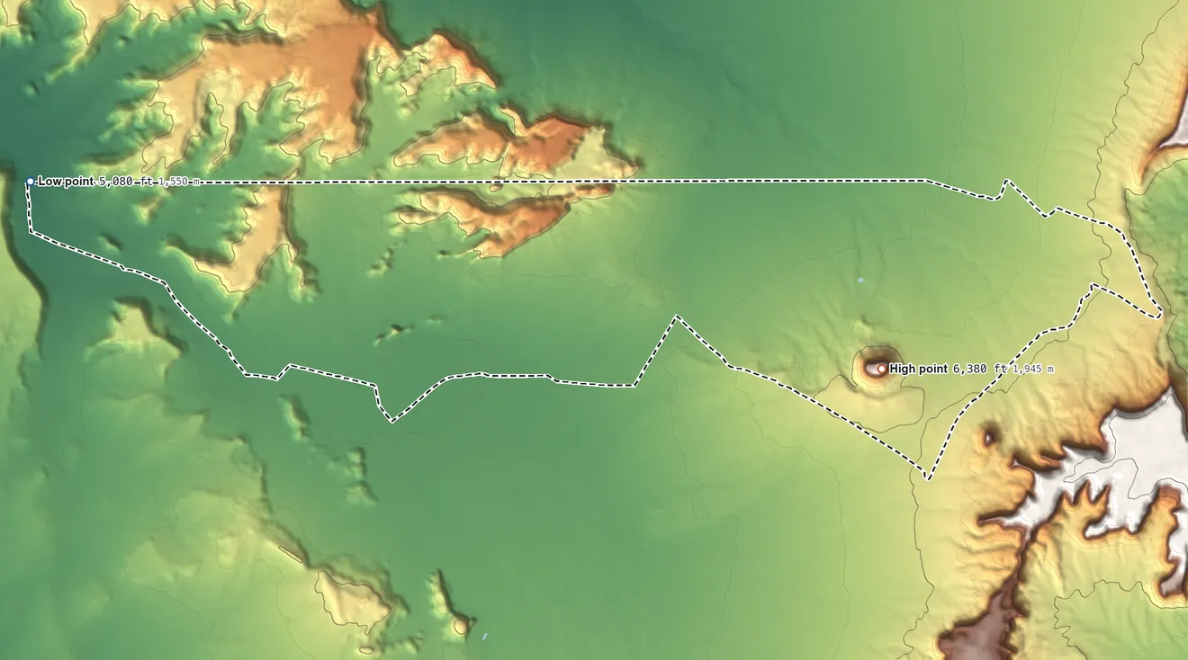 Topographic elevation map of Oljato-Monument Valley, Arizona, shaded from 5,080 ft on the west side to 6,380 ft on Mitchell Butte