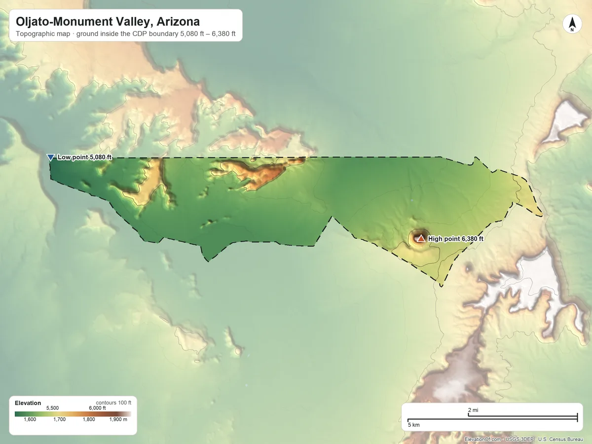 Topographic elevation map of Oljato-Monument Valley, Arizona, shaded from 5,080 ft on the west side to 6,380 ft on Mitchell Butte
