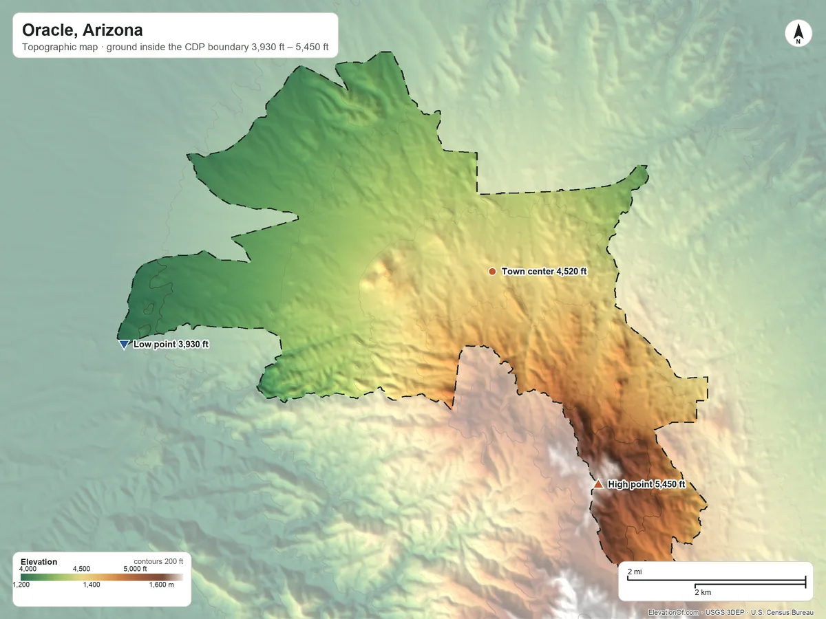 Topographic elevation map of Oracle, Arizona, shaded from 3,930 ft on the west side to 5,450 ft at the foot of the Santa Catalina Mountains