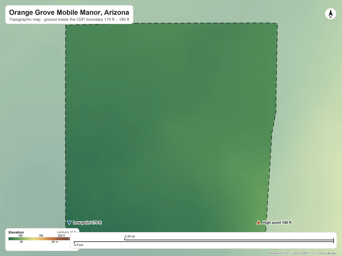 Topographic elevation map of Orange Grove Mobile Manor, Arizona, shaded from 170 ft on the southwest side to 180 ft on the southeast side
