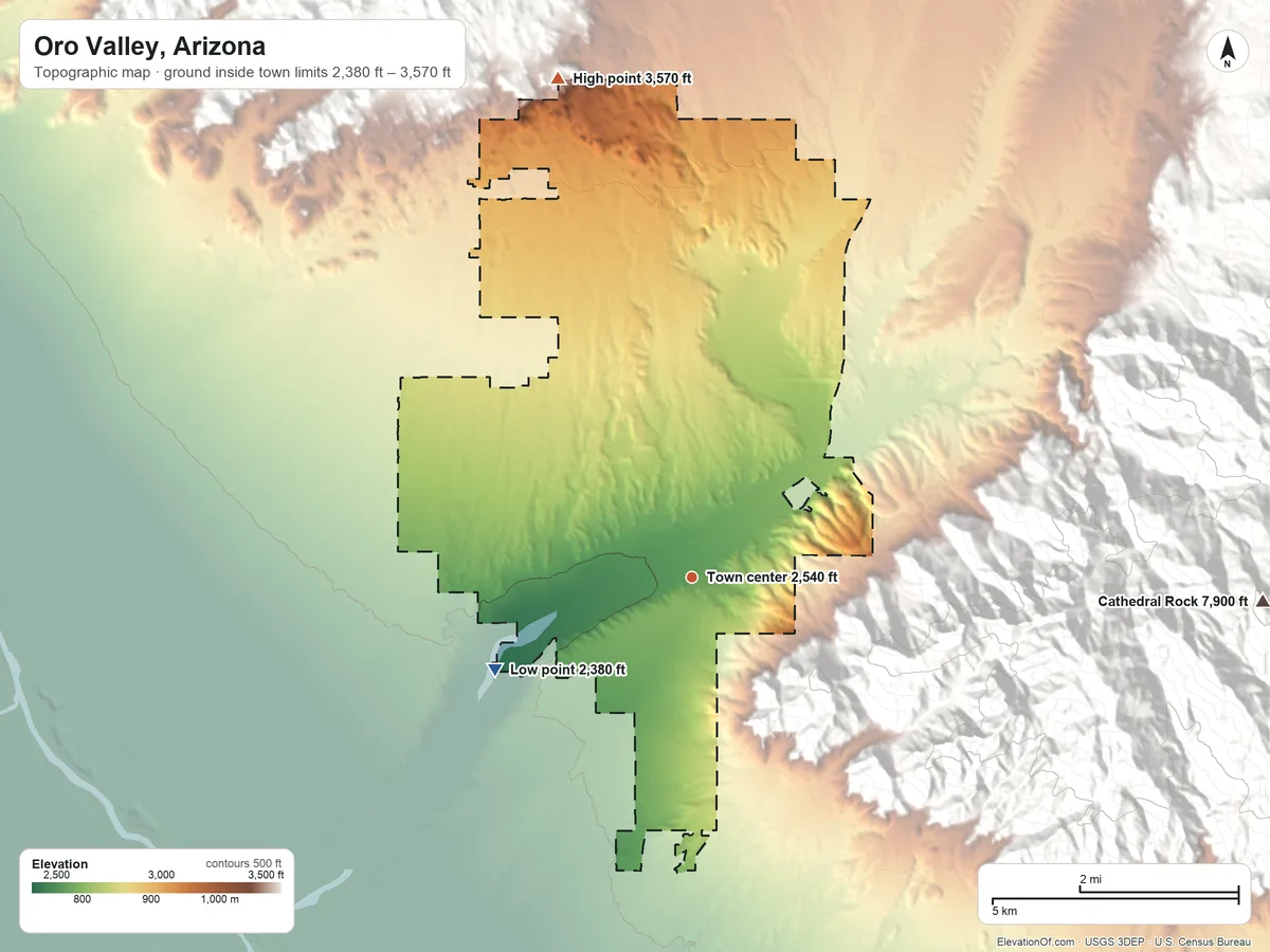 Topographic elevation map of Oro Valley, Arizona, shaded from 2,380 ft on the southwest side to 3,570 ft at the foot of the Tortolita Mountains