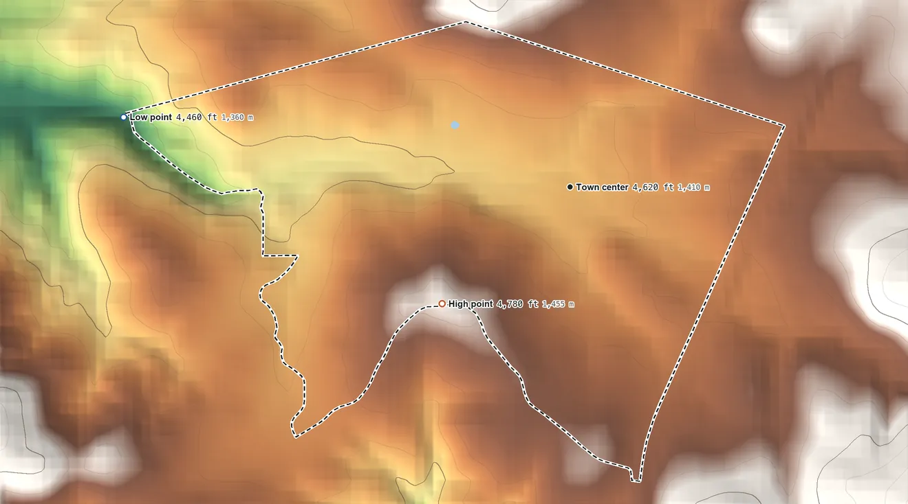 Topographic elevation map of Oxbow Estates, Arizona, shaded from 4,460 ft on the west side to 4,780 ft at the foot of the White Hills