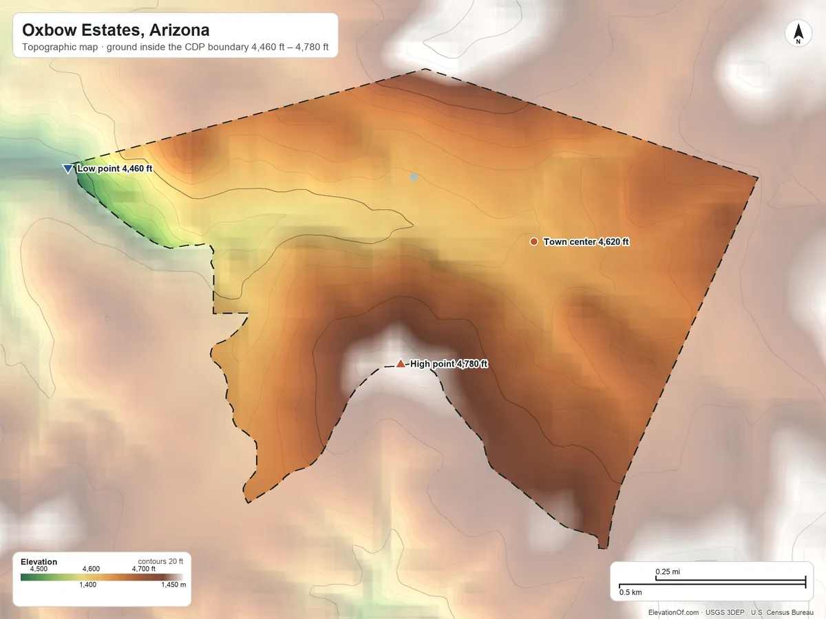 Topographic elevation map of Oxbow Estates, Arizona, shaded from 4,460 ft on the west side to 4,780 ft at the foot of the White Hills