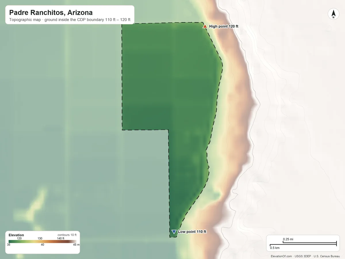 Topographic elevation map of Padre Ranchitos, Arizona, shaded from 110 ft on the south side to 120 ft on the northeast side