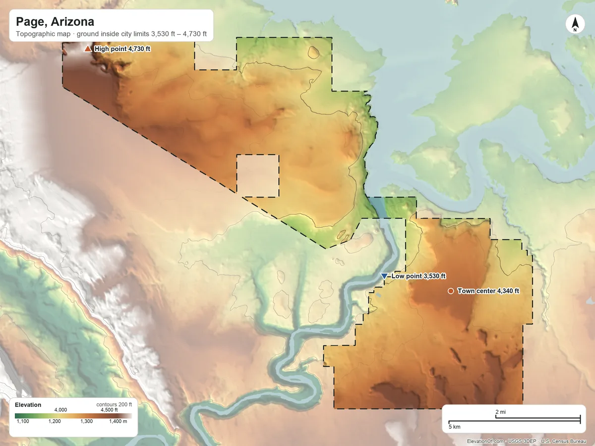 Topographic elevation map of Page, Arizona, shaded from 3,530 ft on the west side to 4,730 ft on the northwest side