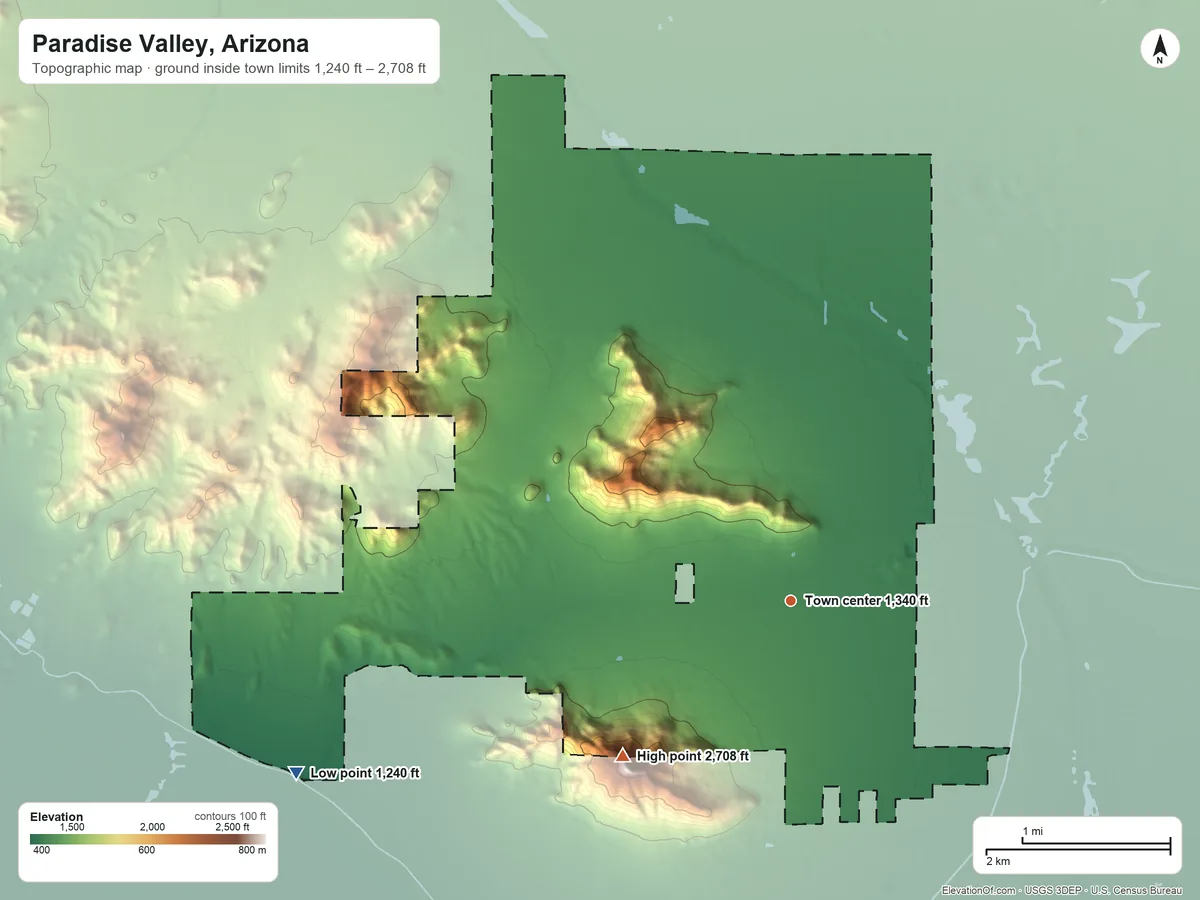 Topographic elevation map of Paradise Valley, Arizona, shaded from 1,240 ft on the west side to 2,708 ft on Camelback Mountain