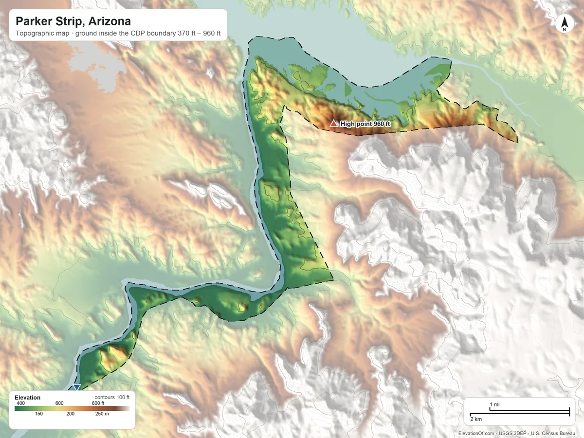 Topographic elevation map of Parker Strip, Arizona, shaded from 370 ft on the southwest side to 960 ft at the foot of the Aubrey Hills