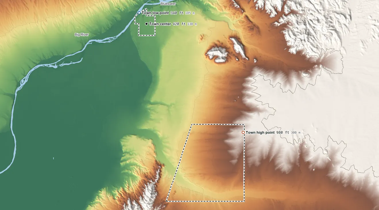 Topographic elevation map of Parker, Arizona, shaded from 340 ft near the middle to 980 ft on the southeast side