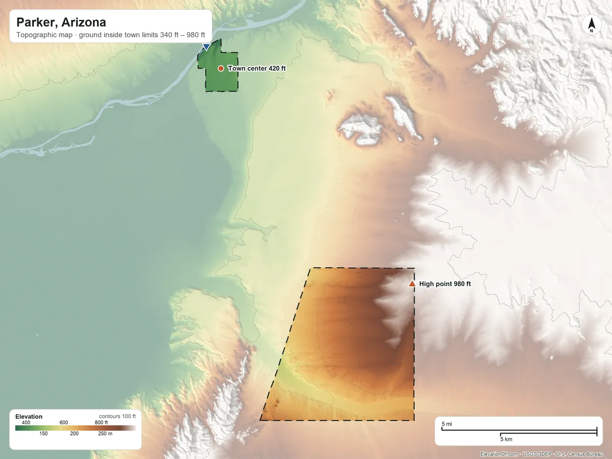 Topographic elevation map of Parker, Arizona, shaded from 340 ft near the middle to 980 ft on the southeast side
