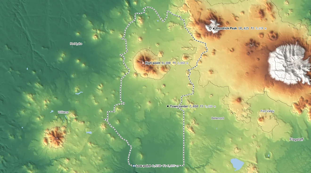 Topographic elevation map of Parks, Arizona, shaded from 6,550 ft on the southwest side to 9,380 ft on Sitgreaves Mountain