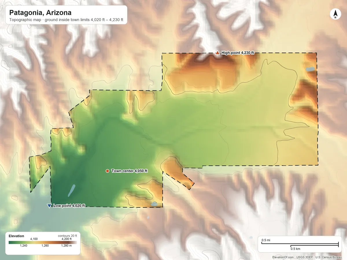 Topographic elevation map of Patagonia, Arizona, shaded from 4,020 ft on the southwest side to 4,230 ft at the foot of the Santa Rita Mountains