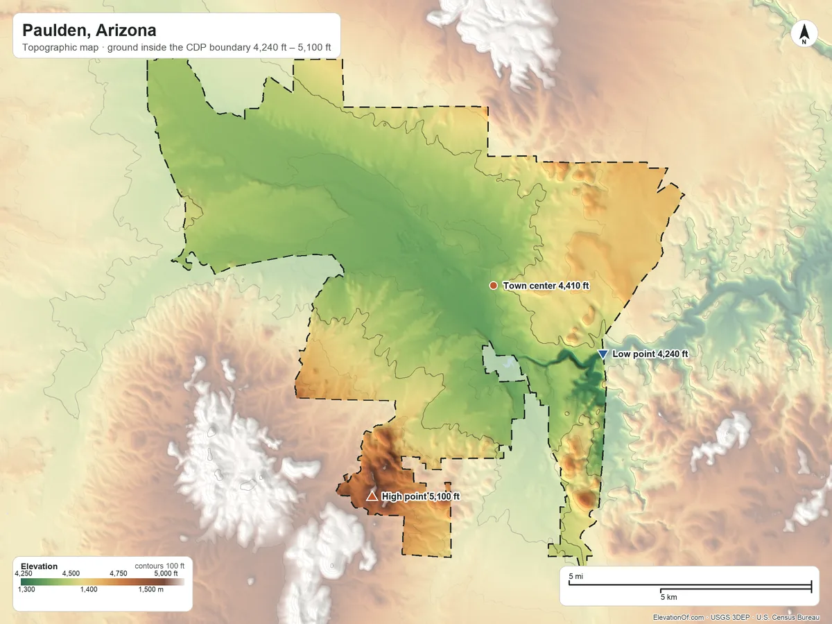 Topographic elevation map of Paulden, Arizona, shaded from 4,240 ft on the southeast side to 5,100 ft on the southwest edge, below higher ground just outside