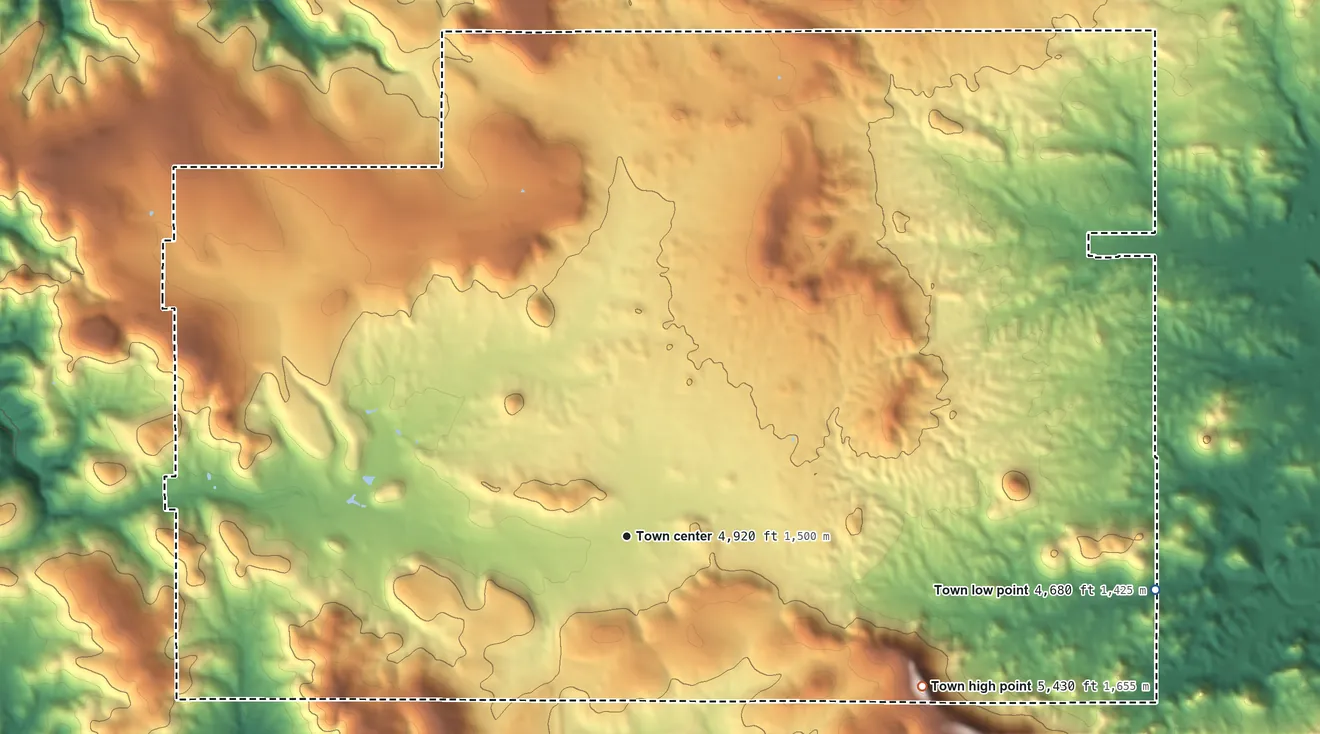 Topographic elevation map of Payson, Arizona, shaded from 4,680 ft on the east side to 5,430 ft on the southeast side