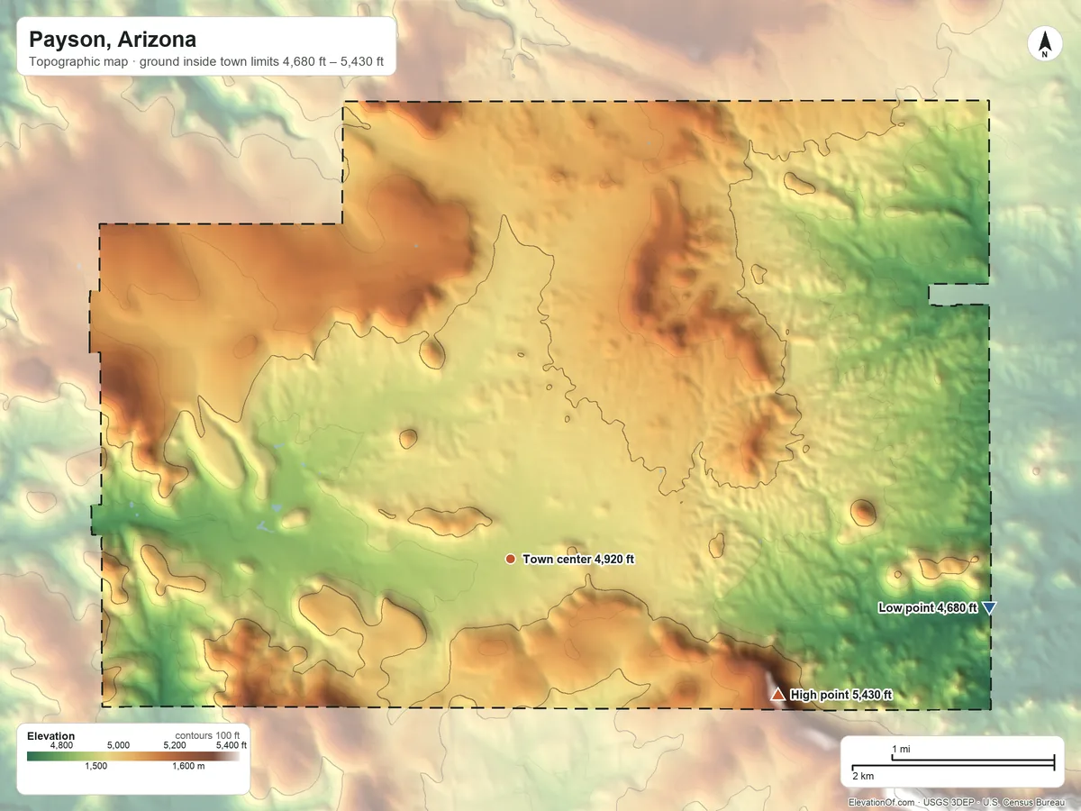 Topographic elevation map of Payson, Arizona, shaded from 4,680 ft on the east side to 5,430 ft on the southeast side