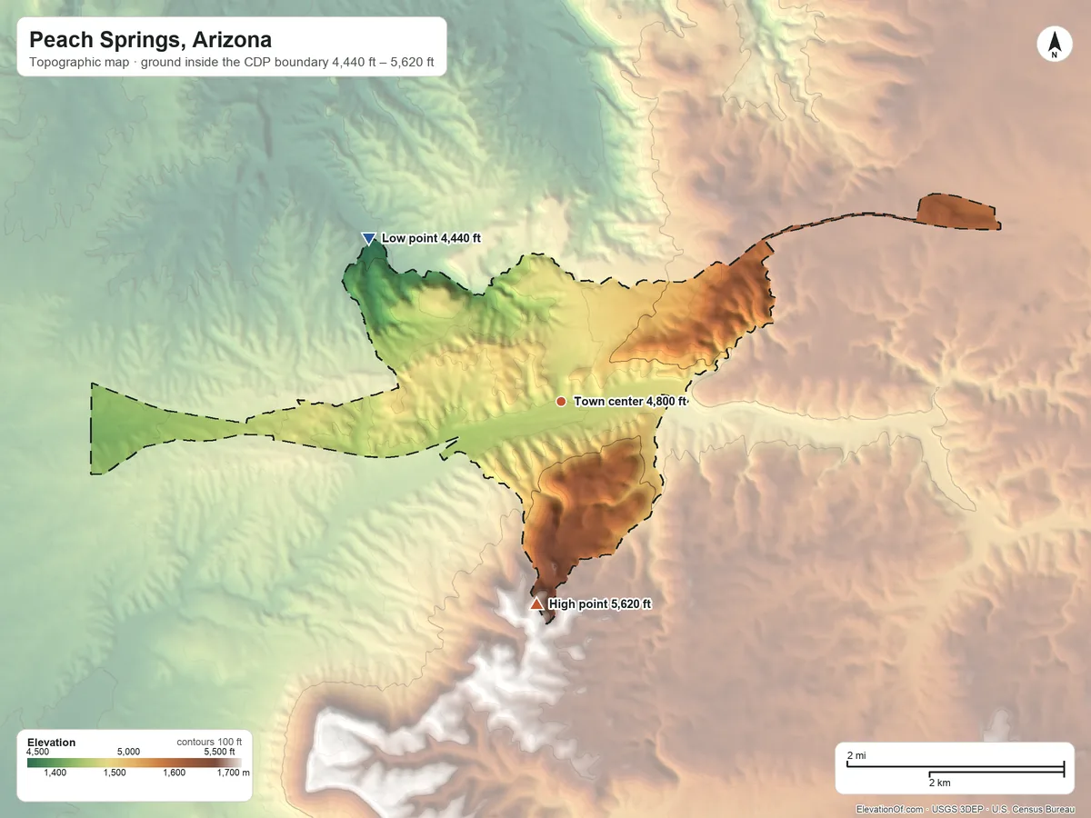 Topographic elevation map of Peach Springs, Arizona, shaded from 4,440 ft on the northwest side to 5,620 ft on the south side