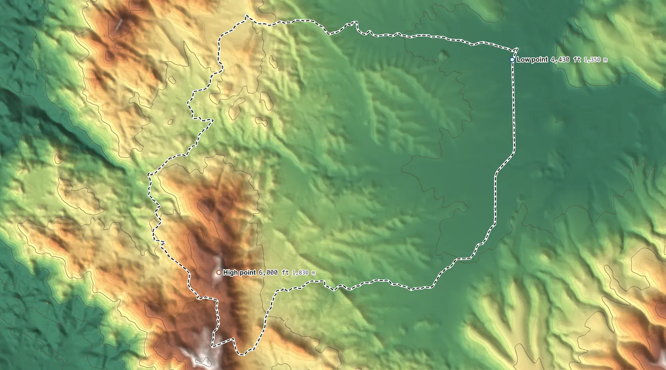 Topographic elevation map of Peeples Valley, Arizona, shaded from 4,430 ft on the northeast side to 6,000 ft on the southwest side
