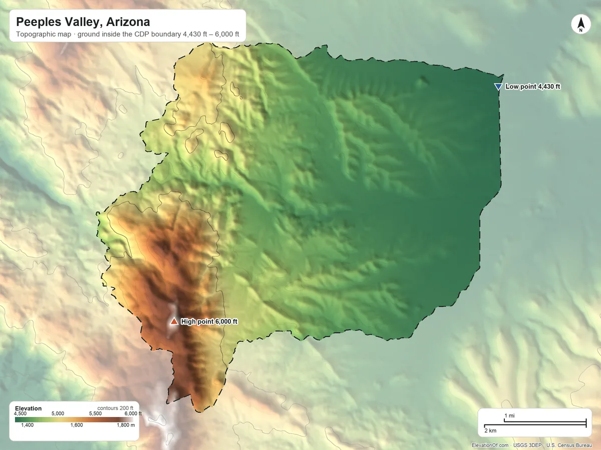 Topographic elevation map of Peeples Valley, Arizona, shaded from 4,430 ft on the northeast side to 6,000 ft on the southwest side