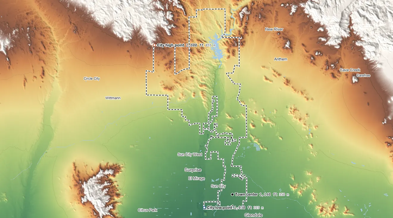 Topographic elevation map of Peoria, Arizona, shaded from 1,030 ft on the southwest side to 2,800 ft at the foot of the Hieroglyphic Mountains
