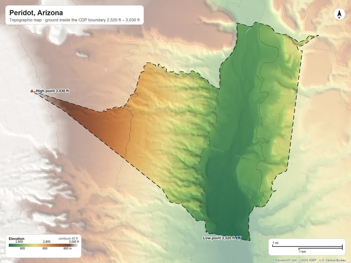 Topographic elevation map of Peridot, Arizona, shaded from 2,520 ft on the south side to 3,030 ft on the west edge, below higher ground just outside