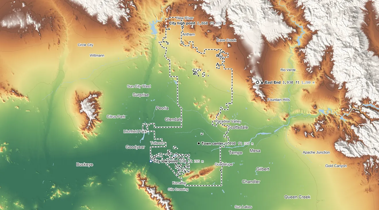 Topographic elevation map of Phoenix, Arizona, shaded from 930 ft on the west side to 2,860 ft on the north side