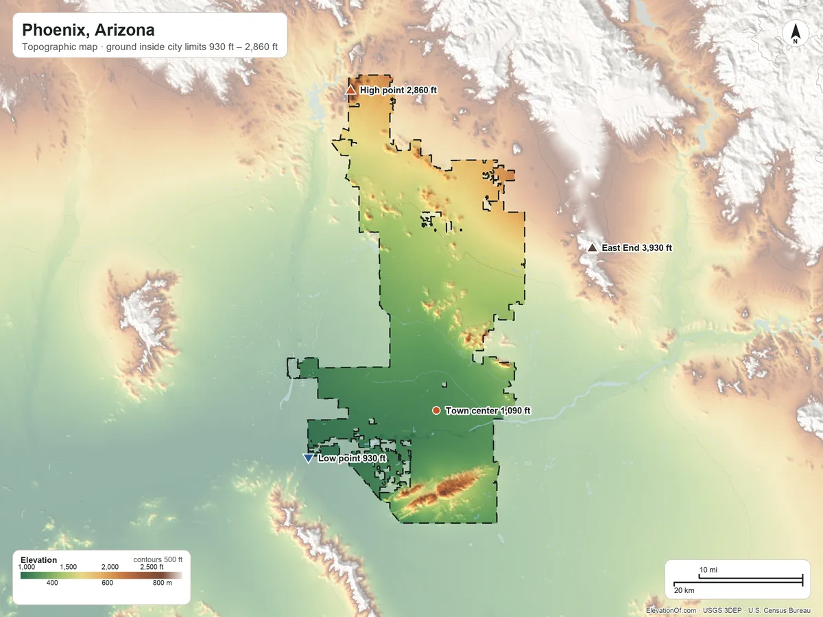 Topographic elevation map of Phoenix, Arizona, shaded from 930 ft on the west side to 2,860 ft on the north side