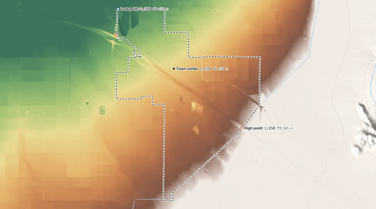 Topographic elevation map of Picacho, Arizona, shaded from 1,580 ft on the northwest side to 1,650 ft on the southeast side
