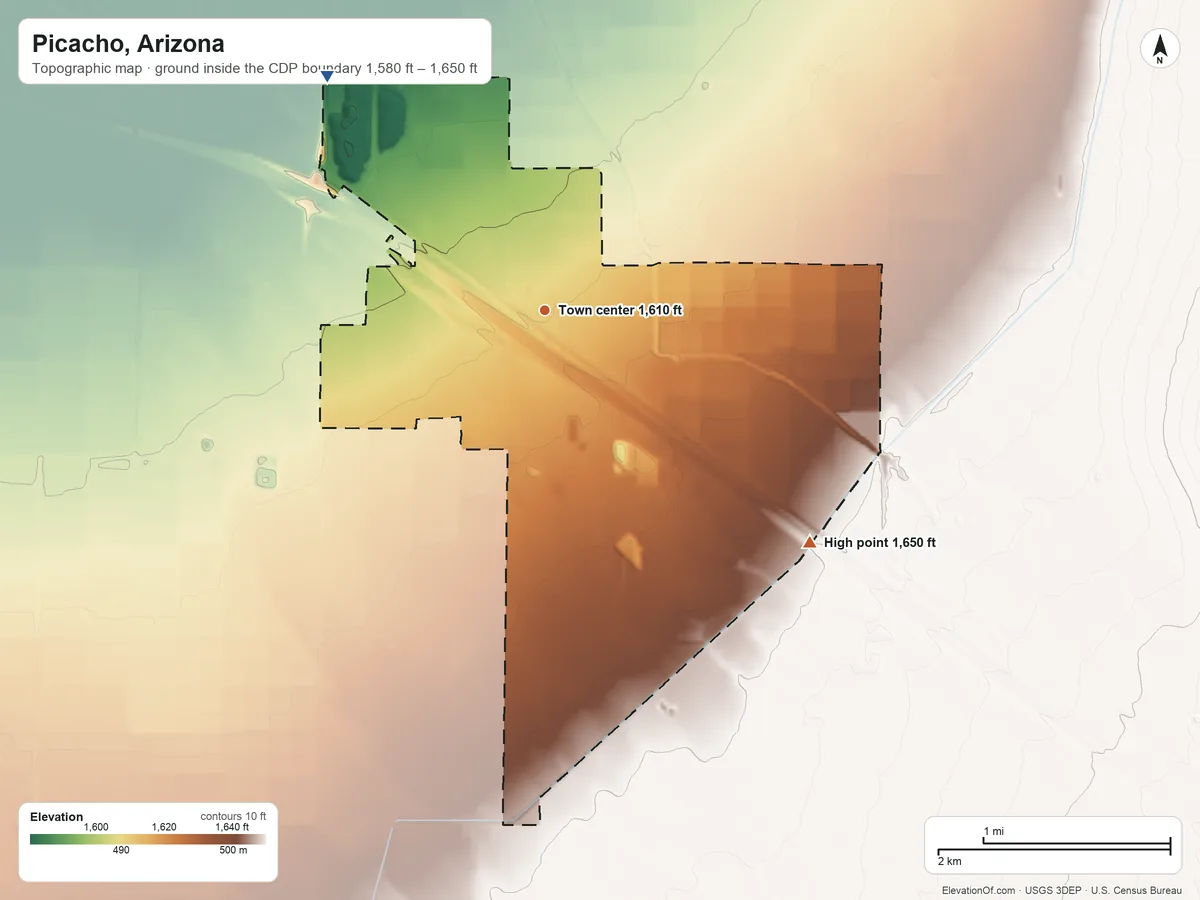 Topographic elevation map of Picacho, Arizona, shaded from 1,580 ft on the northwest side to 1,650 ft on the southeast side