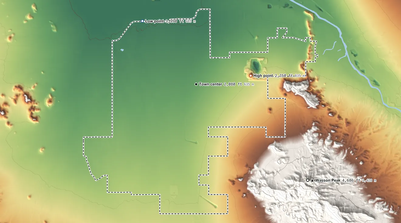 Topographic elevation map of Picture Rocks, Arizona, shaded from 1,990 ft on the northwest side to 2,750 ft on Twin Peaks