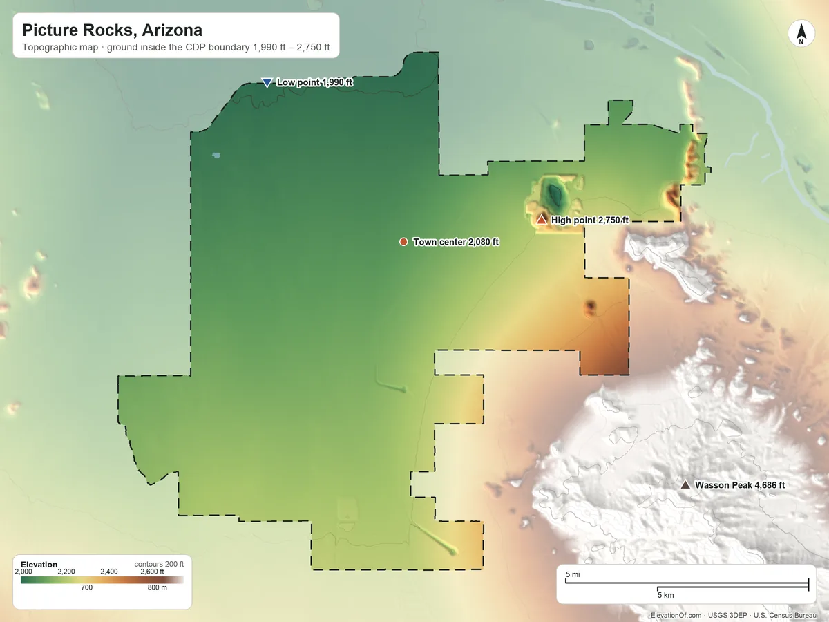 Topographic elevation map of Picture Rocks, Arizona, shaded from 1,990 ft on the northwest side to 2,750 ft on Twin Peaks