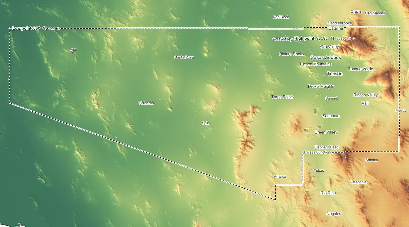 Topographic elevation map of Pima County, Arizona, shaded from 660 ft on the northwest side to 9,191 ft on Mount Lemmon