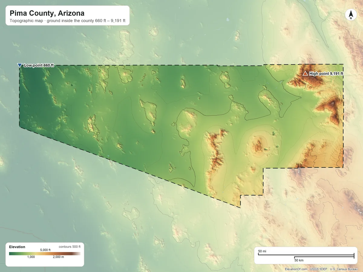 Topographic elevation map of Pima County, Arizona, shaded from 660 ft on the northwest side to 9,191 ft on Mount Lemmon
