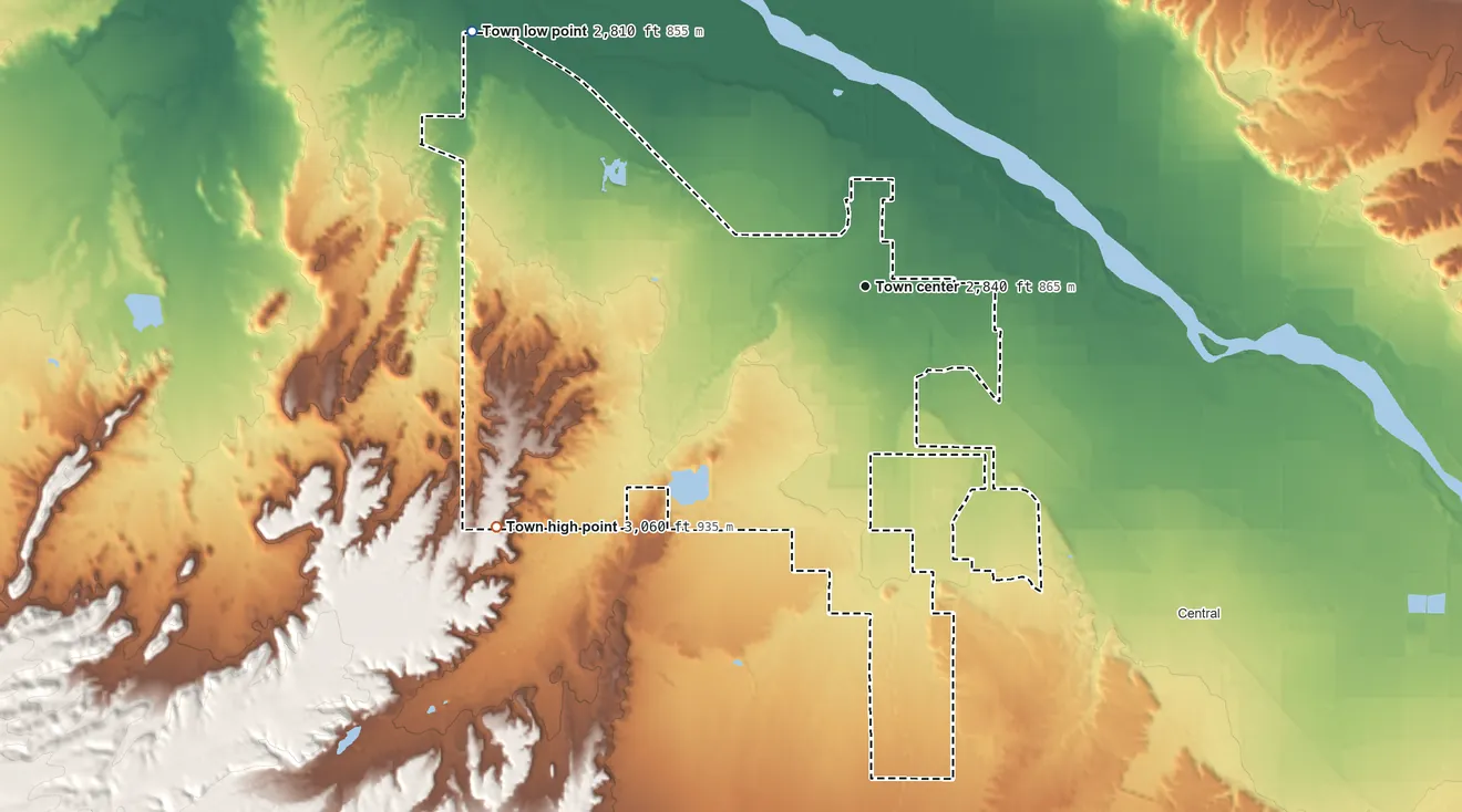 Topographic elevation map of Pima, Arizona, shaded from 2,810 ft on the northwest side to 3,060 ft on the southwest side