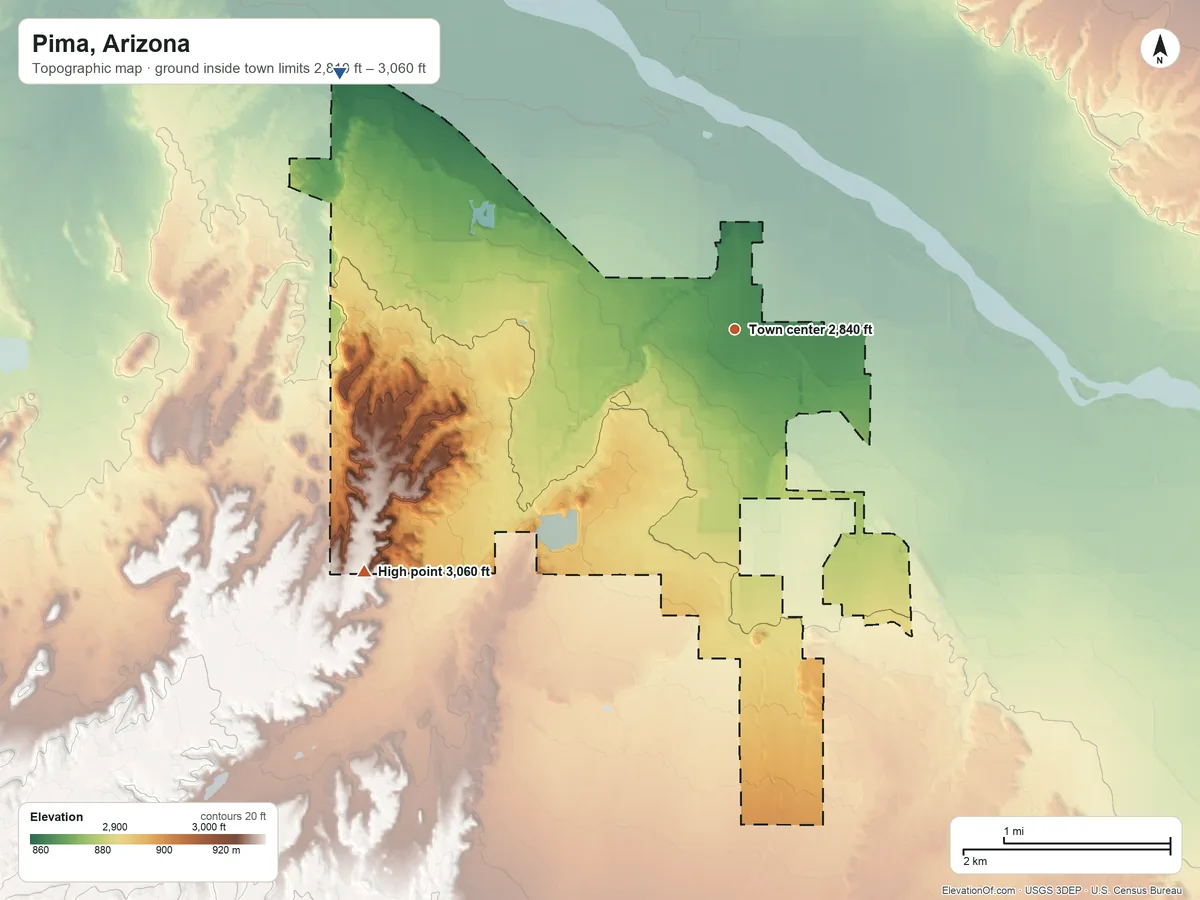 Topographic elevation map of Pima, Arizona, shaded from 2,810 ft on the northwest side to 3,060 ft on the southwest side