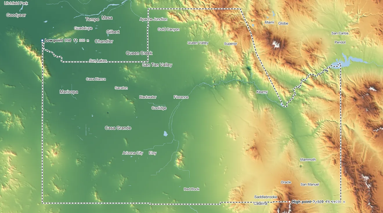 Topographic elevation map of Pinal County, Arizona, shaded from 990 ft on the northwest side to 7,320 ft on the southeast side