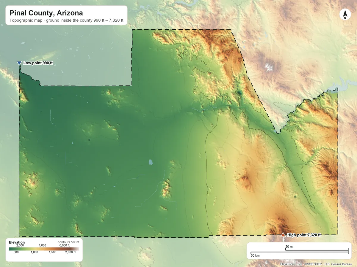 Topographic elevation map of Pinal County, Arizona, shaded from 990 ft on the northwest side to 7,320 ft on the southeast side