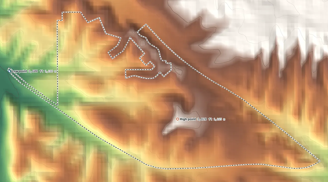 Topographic elevation map of Pinal, Arizona, shaded from 3,600 ft on the west side to 3,820 ft near the middle