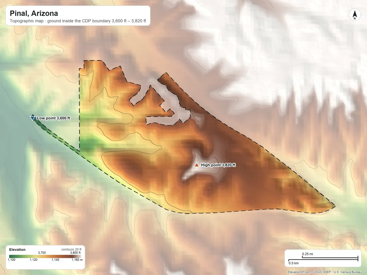 Topographic elevation map of Pinal, Arizona, shaded from 3,600 ft on the west side to 3,820 ft near the middle