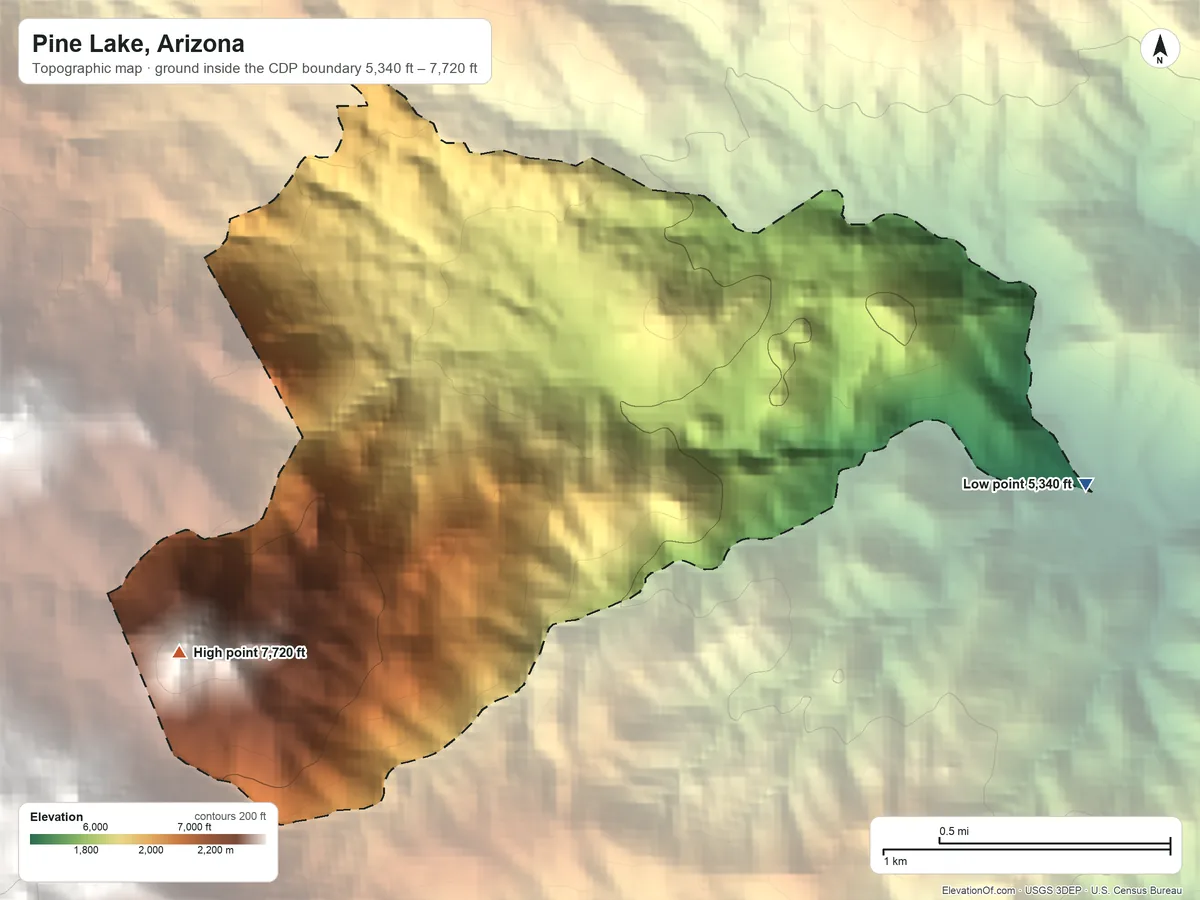 Topographic elevation map of Pine Lake, Arizona, shaded from 5,340 ft on the east side to 7,720 ft at the foot of the Hualapai Mountains