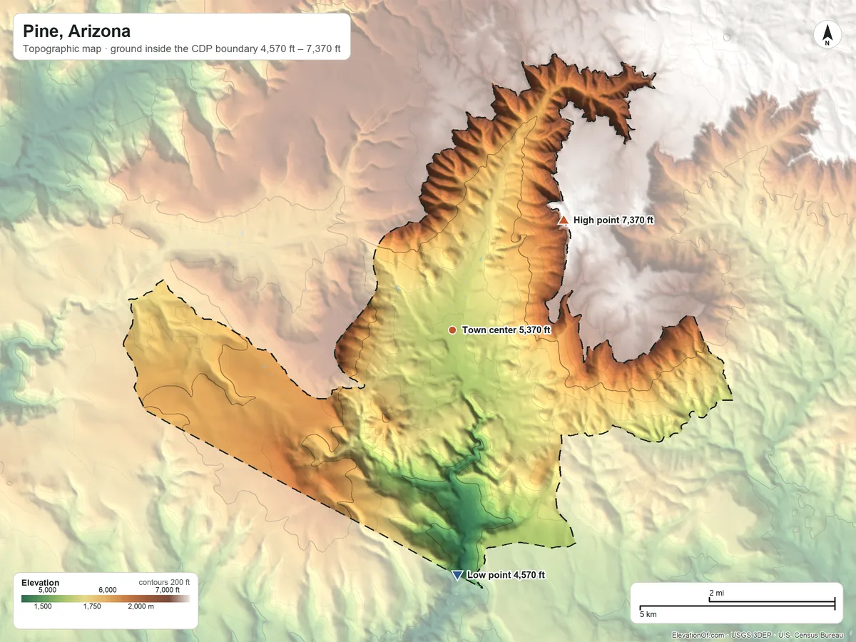 Topographic elevation map of Pine, Arizona, shaded from 4,570 ft on the south side to 7,370 ft on the northeast side