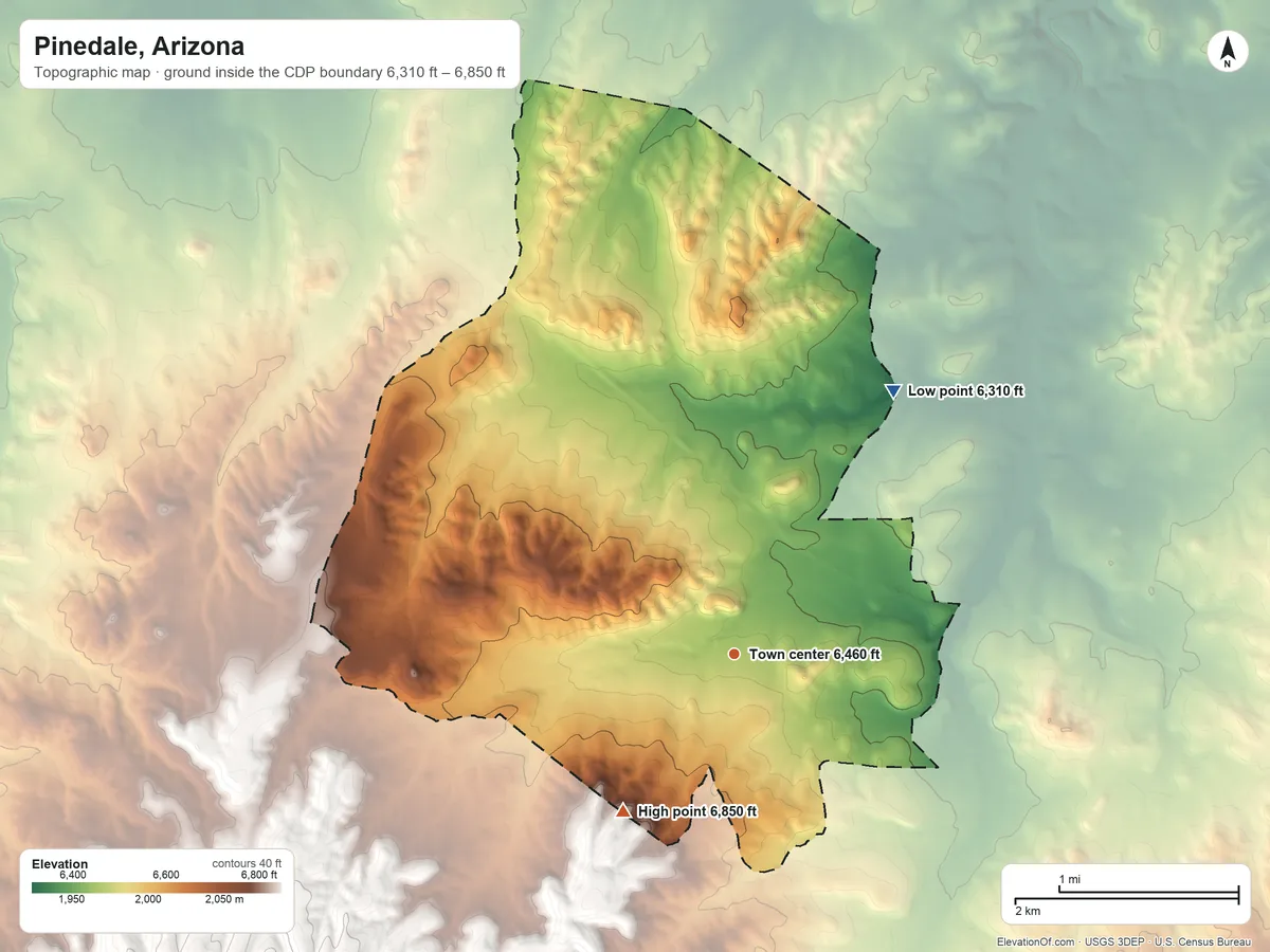 Topographic elevation map of Pinedale, Arizona, shaded from 6,310 ft on the northeast side to 6,850 ft on the southwest side